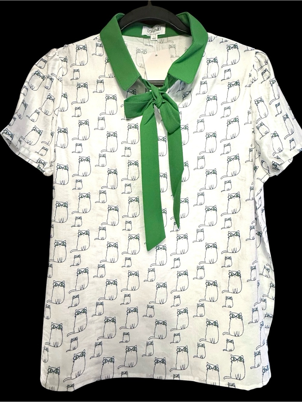 Tulip B Cat Print Bow Collar Blouse in Green and White